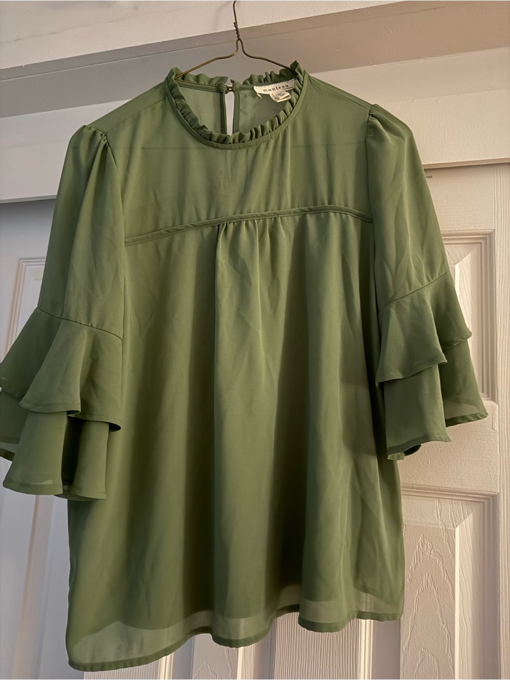 Monteau Olive Green Ruffle Sleeve Blouse NWOT